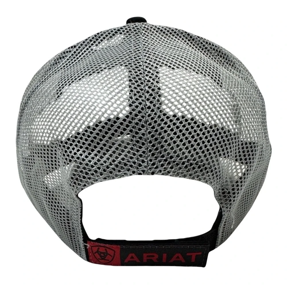 Ariat Mens Black Grey Mesh Back‎ Trucker Hat Red Logo Embroidered Adjustable Cap